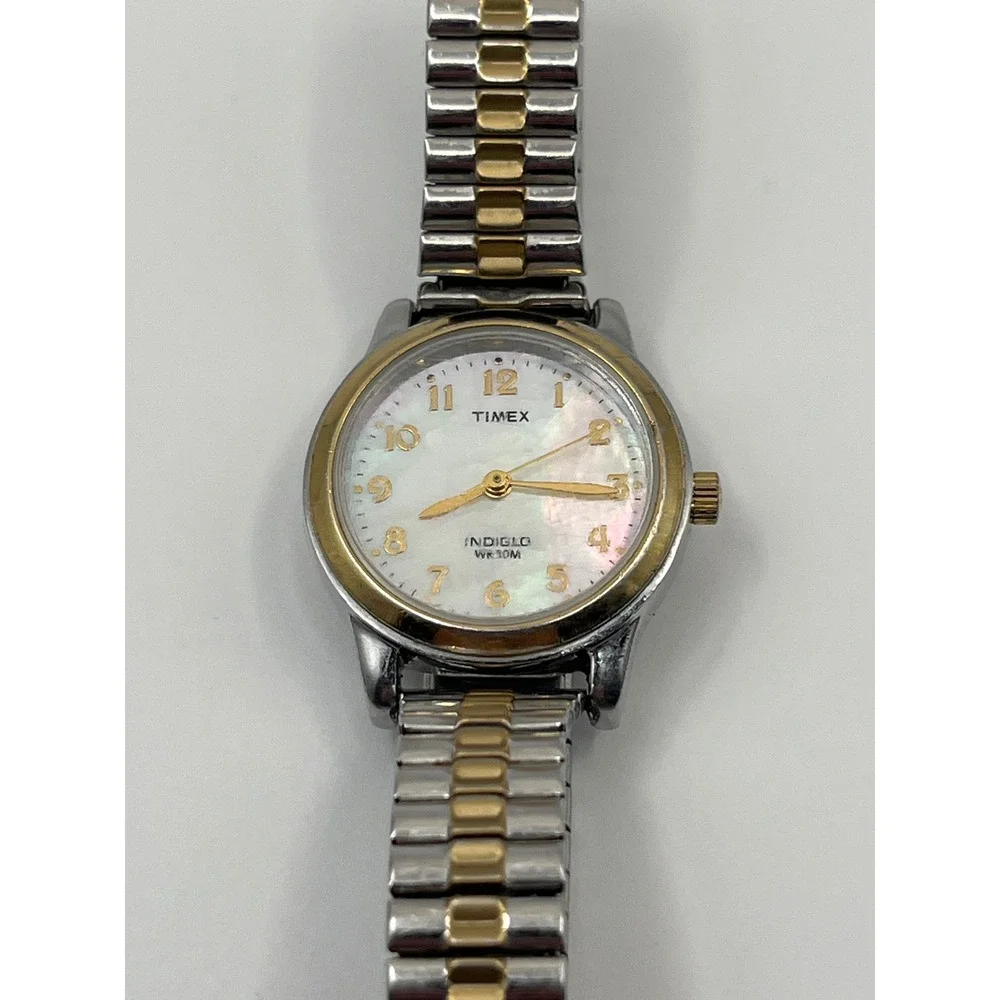 Timex Indiglo Womens Two-Tone Mother of Pearl Dial Expansion Band Watch WR 30M